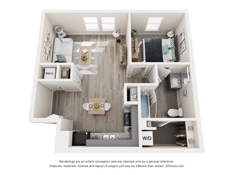Floor plan for 1 bed, 1 bath, 639 sqft